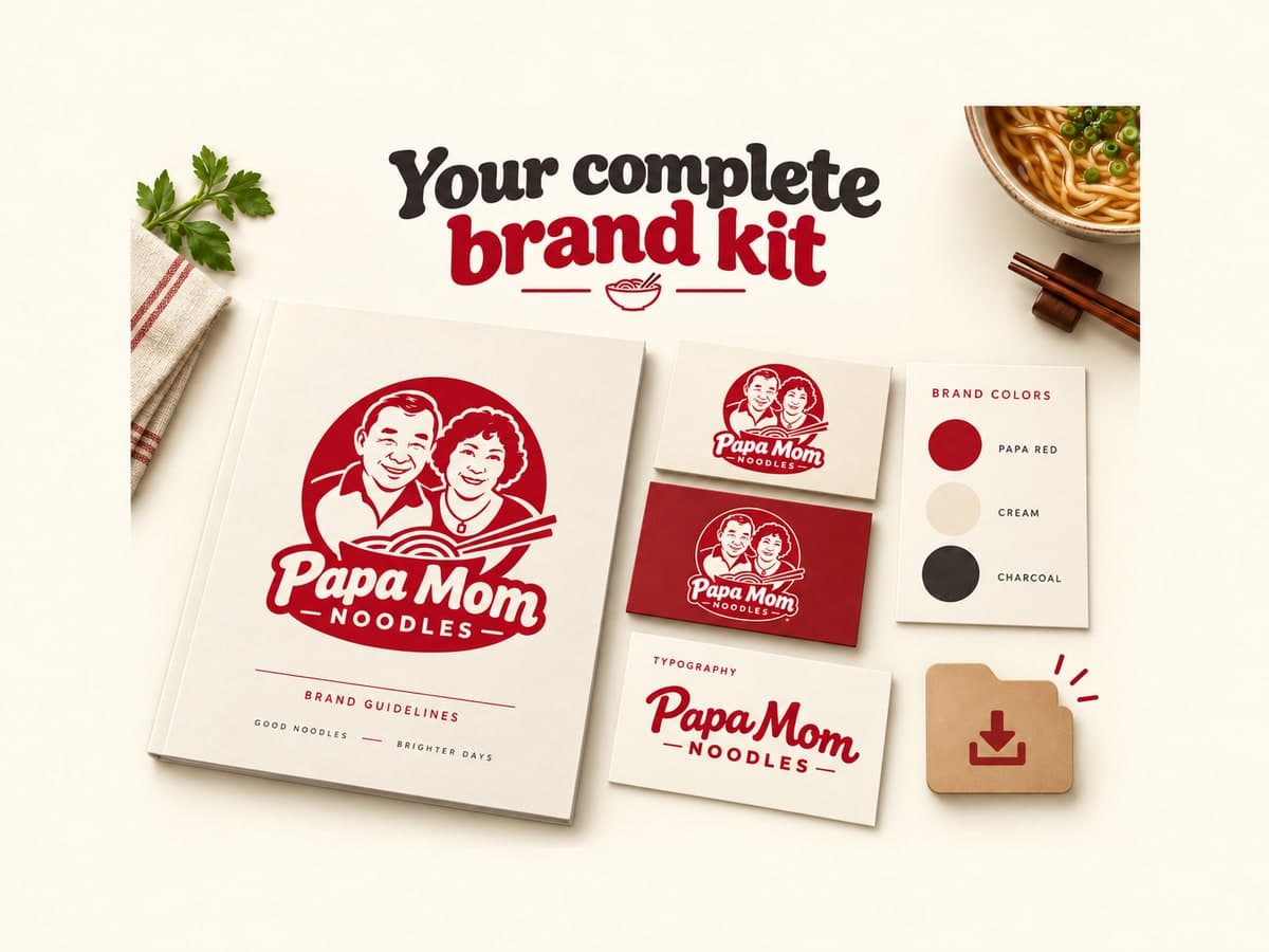 Papa Mom Noodles brand kit with logo, business cards, brand colors, and typography