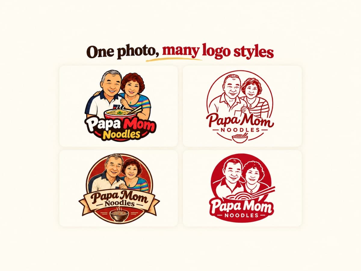 Papa Mom Noodles logo in cartoon, line art, vintage badge, and bold red styles