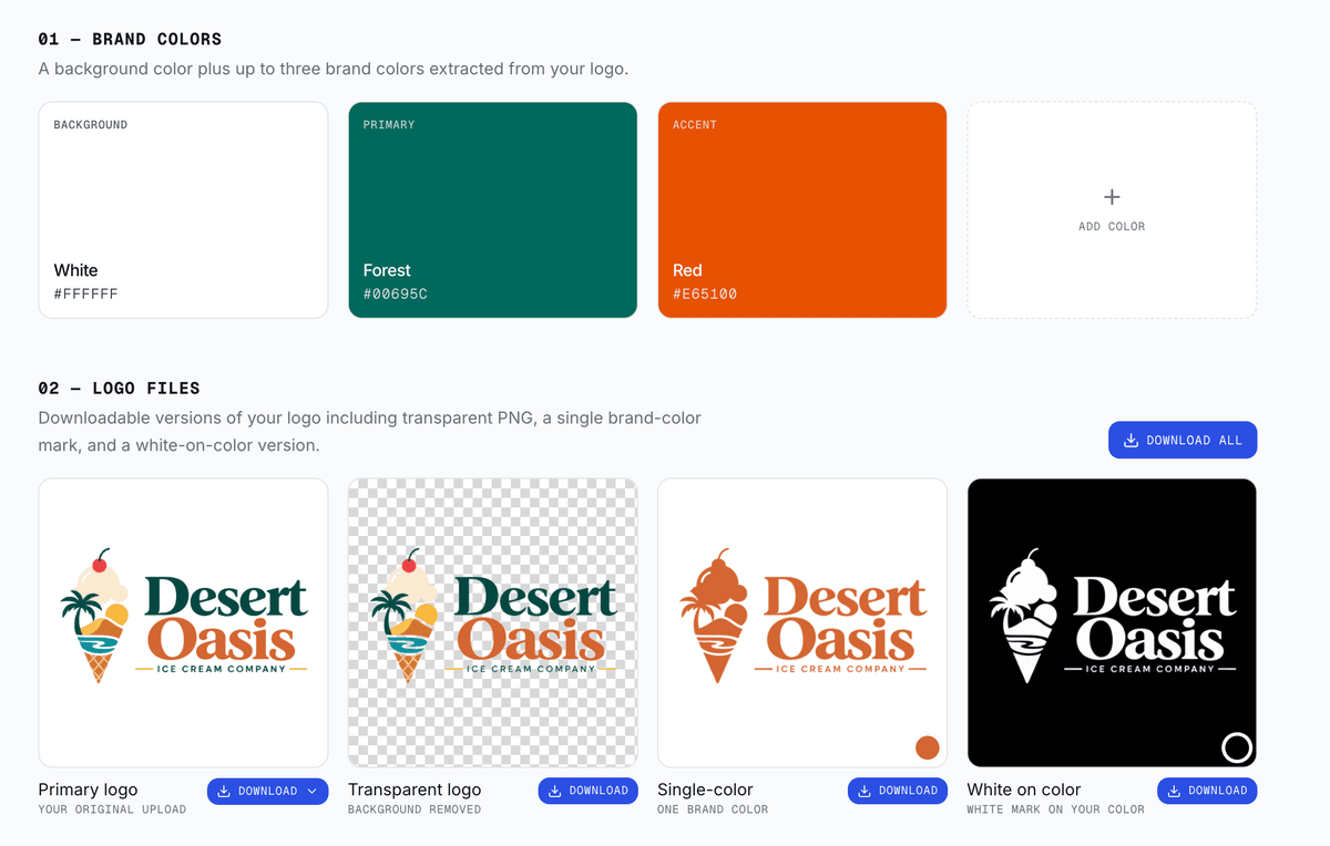 LogoAI Brand Kit showing extracted brand colors with HEX values and coordinated logo files — primary, transparent, single-color, and white-on-color versions