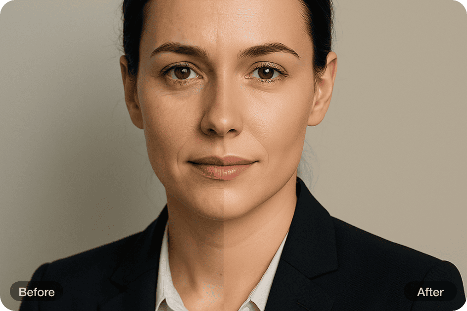 Before and after AI wrinkle removal on a portrait