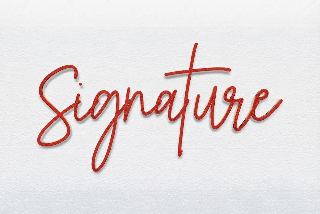 Red handwritten signature script text effect