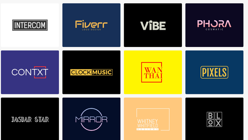 Minimalist logo examples from LogoAI including INTERCOM, Fiverr, VIBE, and CONTXT