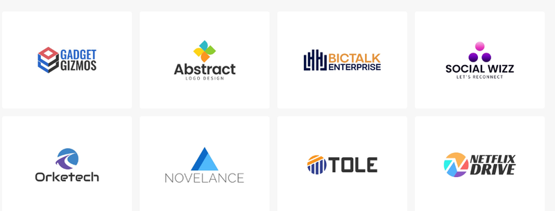 Abstract and geometric logo examples from LogoAI including Gadget Gizmos, Orketech, and Novelance