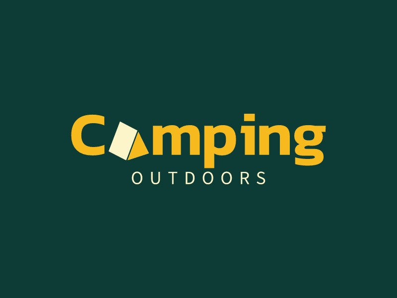 Camping Outdoors wordmark logo — bold golden-yellow type on deep forest green, with a tent icon replacing the letter A