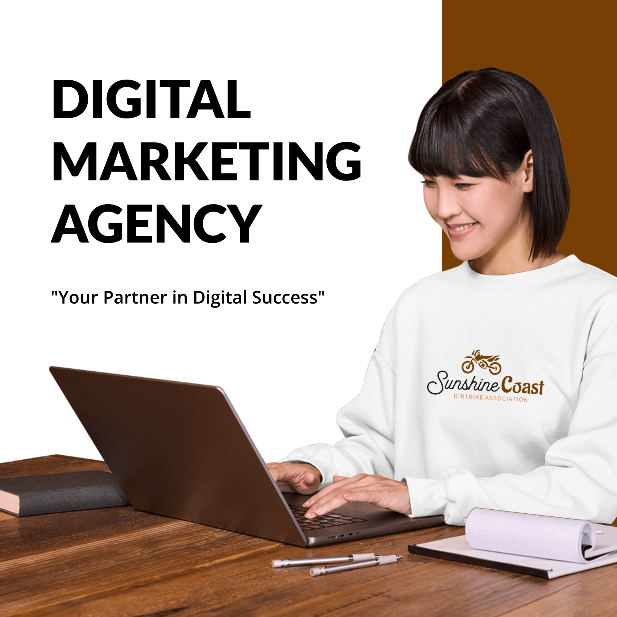 Digital marketing female model in sweatshirt working vi logo mockup rendering Instagram post